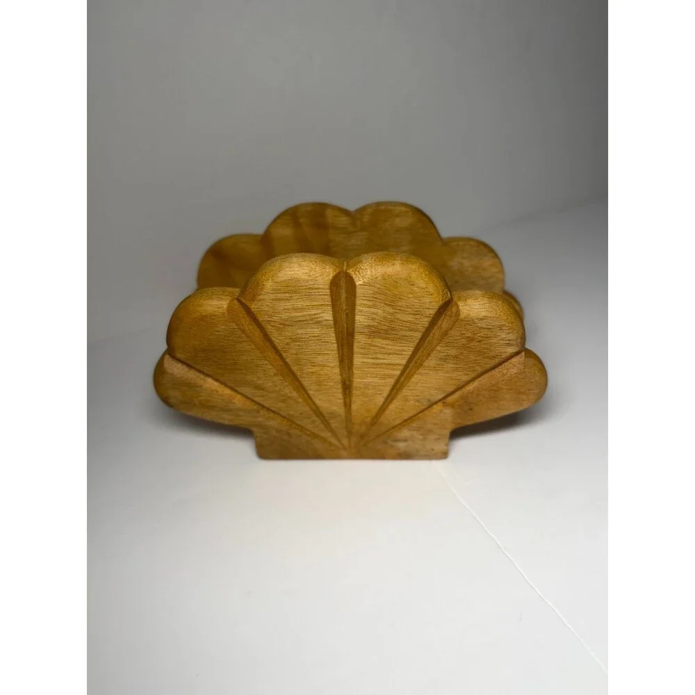 Vintage Myrtlewood Wooden Clamshell Napkin Holder Ocean Beach Nautical Seashell.